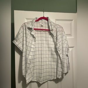 Short sleeve button down with navy blue checkered pattern